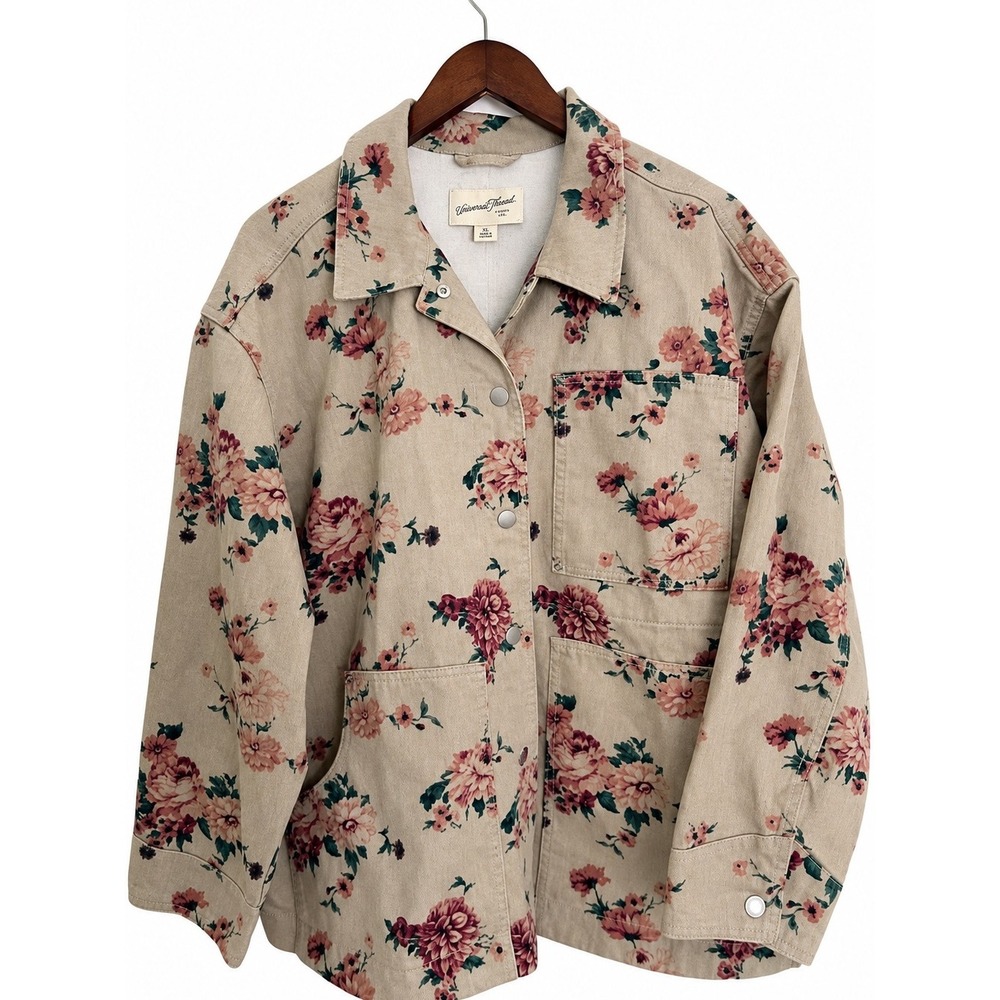 Floral Denim Chore Coat XL Cotton Barn Jacket Utility Shacket Cottagecore $55